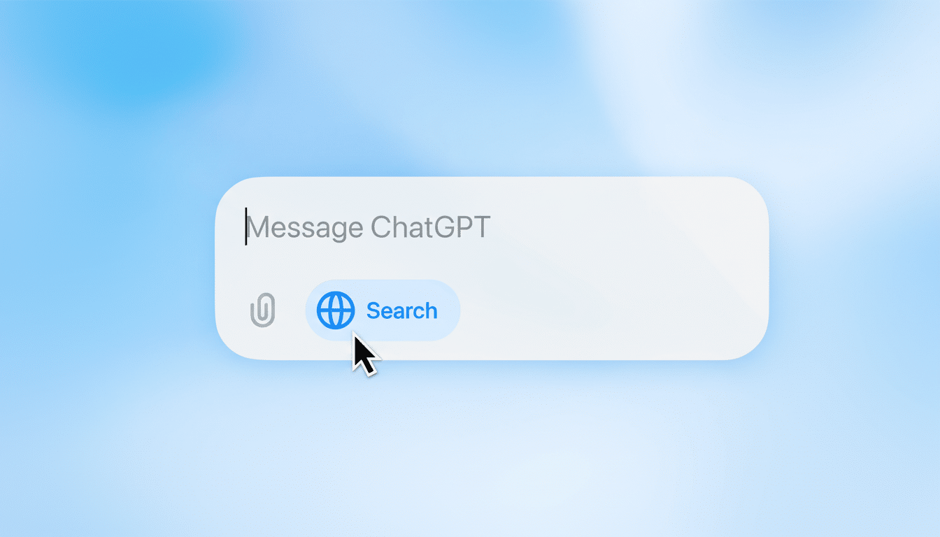 A close-up of a message bar with Message ChatGPT typed in, and a cursor hovering over a Search button with a globe icon.