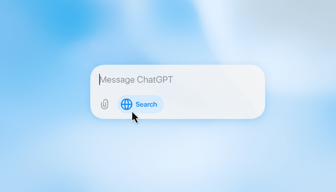 A close-up of a message input field with Message ChatGPT as the placeholder text. A cursor points to a Search button with a globe icon. The background is a soft, light blue gradient.