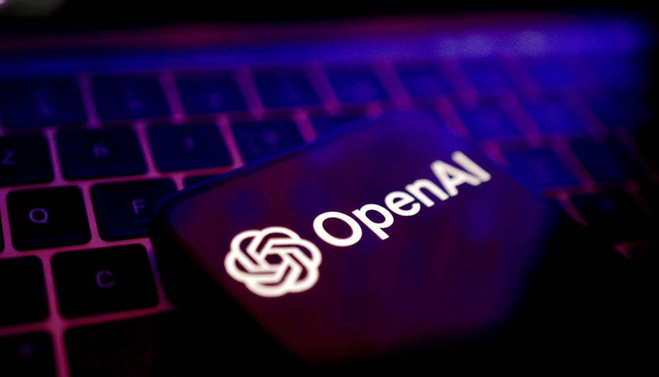 The OpenAI logo and name are displayed on a smartphone screen, resting on a keyboard with purple and blue backlighting.