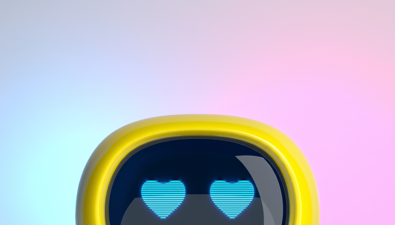 A close-up of a yellow robots head with a black screen displaying two glowing blue hearts as eyes, set against a soft gradient background of light blue and pink.