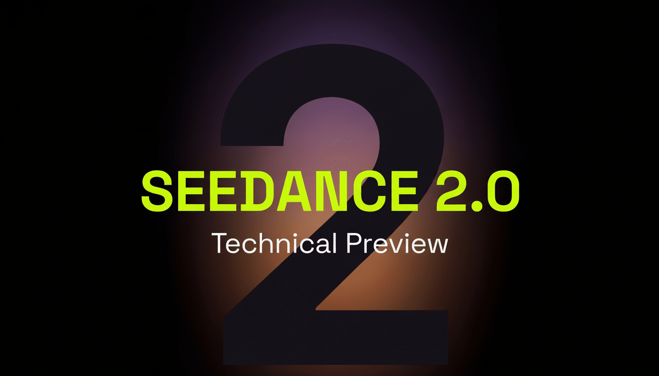 In this image, SEEDANCE 2.0 appears in light green text, with the technical preview below in white, all set against a dark background, with a large translucent number 2 subtly visible behind the text.