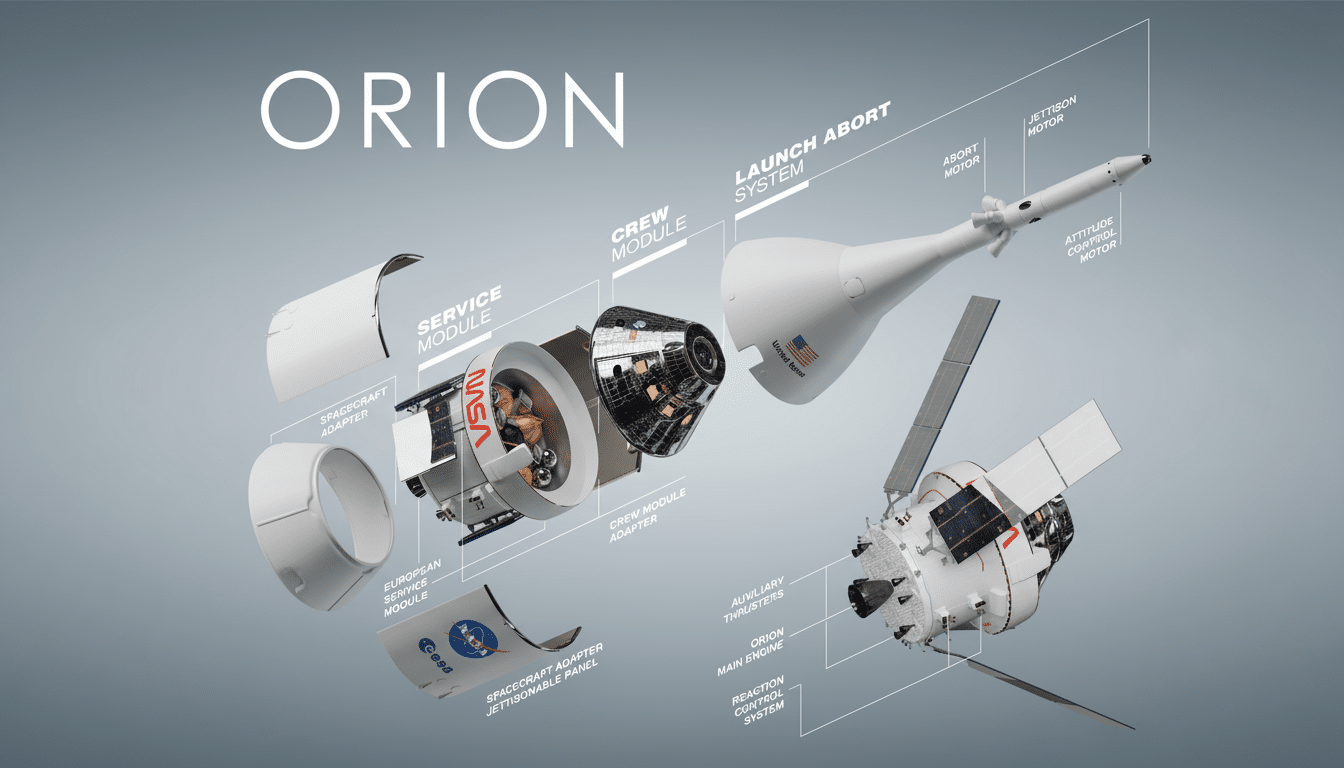 A detailed diagram of the Orion spacecraft, showing its various modules and systems, including the crew module, service module, and launch abort system, against a dark gray background.