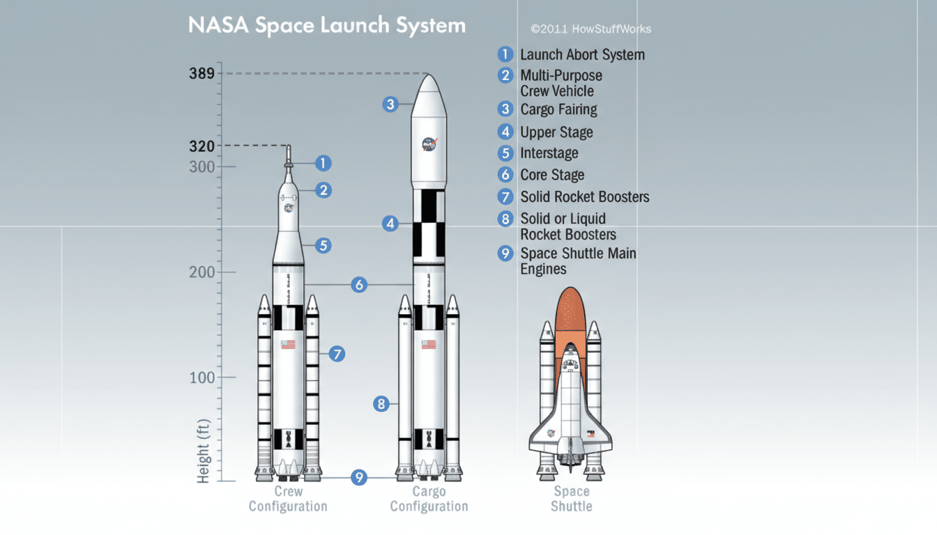 A diagram titled NASA Space Launch System showing three different space vehicles: Crew Configuration, Cargo Configuration, and Space Shuttle, with various components labeled numerically and a height scale in feet.