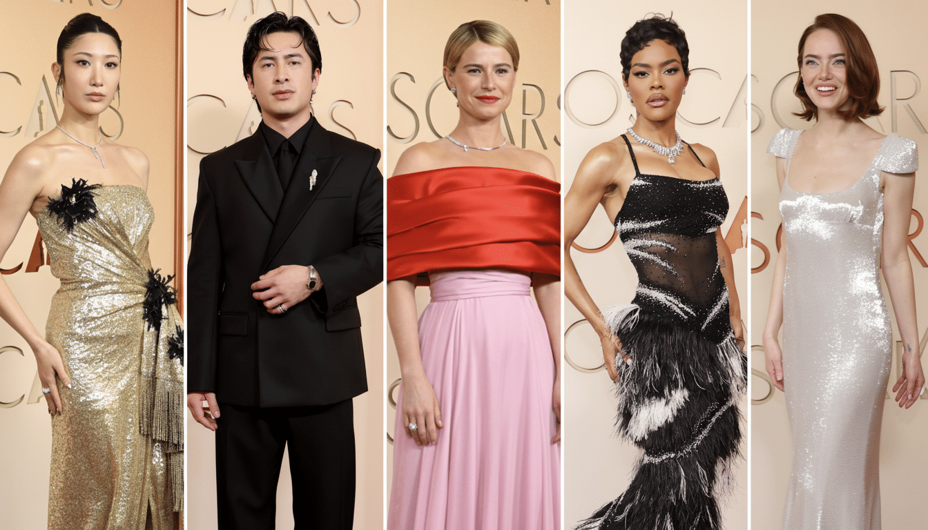 Five individuals posing on a red carpet, resized to a 16:9 aspect ratio.