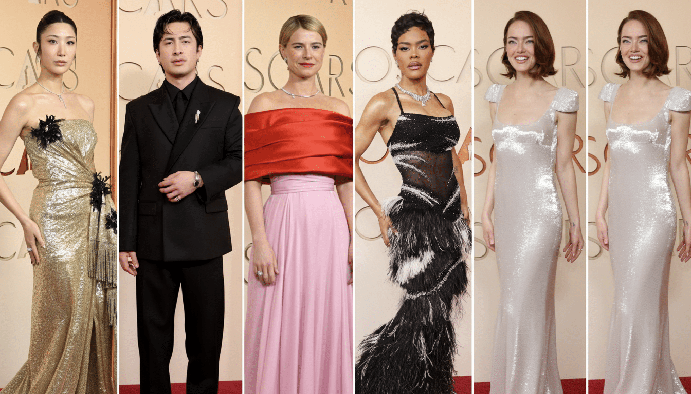 Five celebrities posing on a red carpet, resized to a 16:9 aspect ratio.