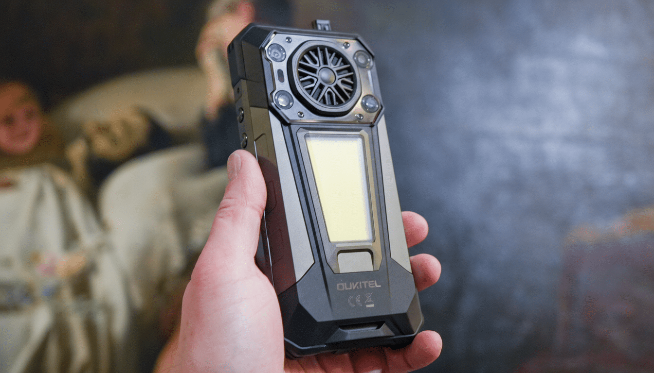 A hand holding a rugged Oukitel smartphone with a large speaker and a bright screen, set against a blurred background.