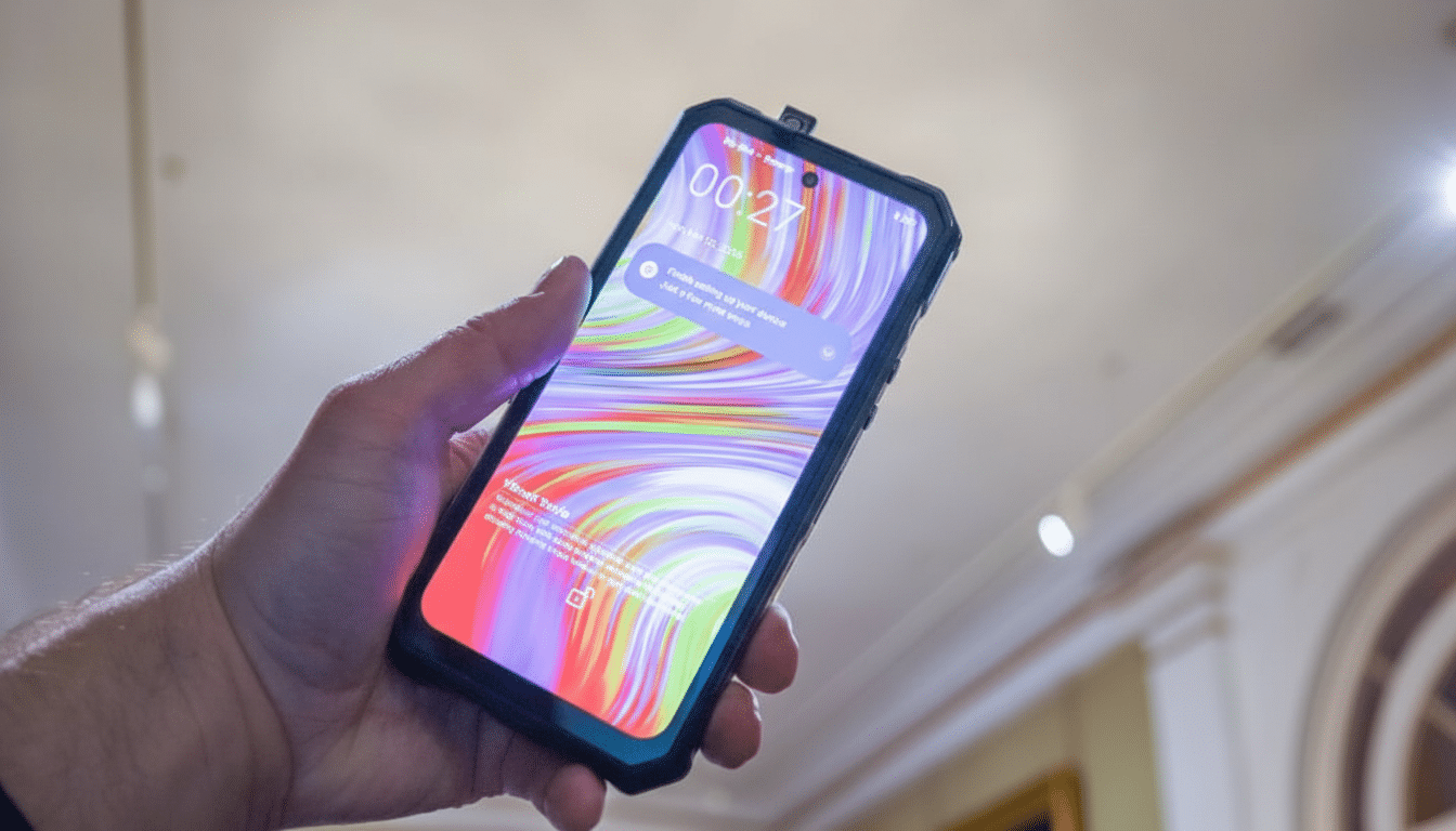 A hand holding a rugged smartphone with a colorful display, resized to a 16:9 aspect ratio.