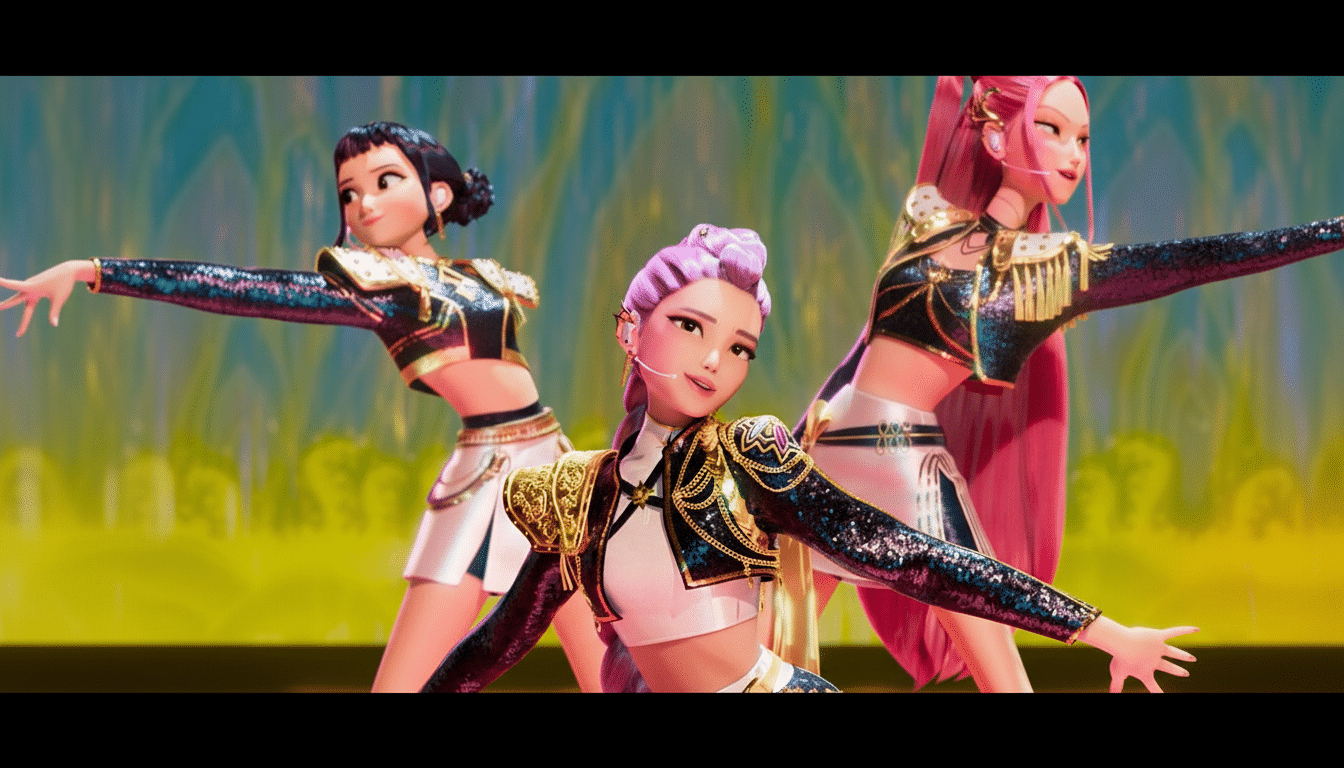 Three animated female characters in elaborate, sparkling outfits with their arms outstretched, performing on a stage with a blurred, colorful background.