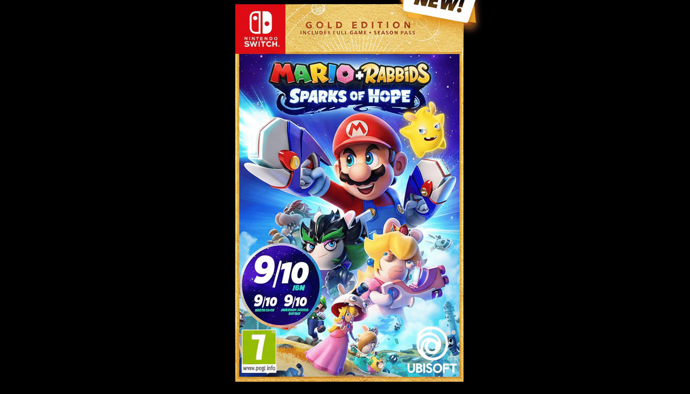 The Mario + Rabbids Sparks of Hope Gold Edition game cover for Nintendo Switch, featuring Mario, Rabbids, and other characters in a vibrant, action-packed scene, with a NEW! banner and high review scores.