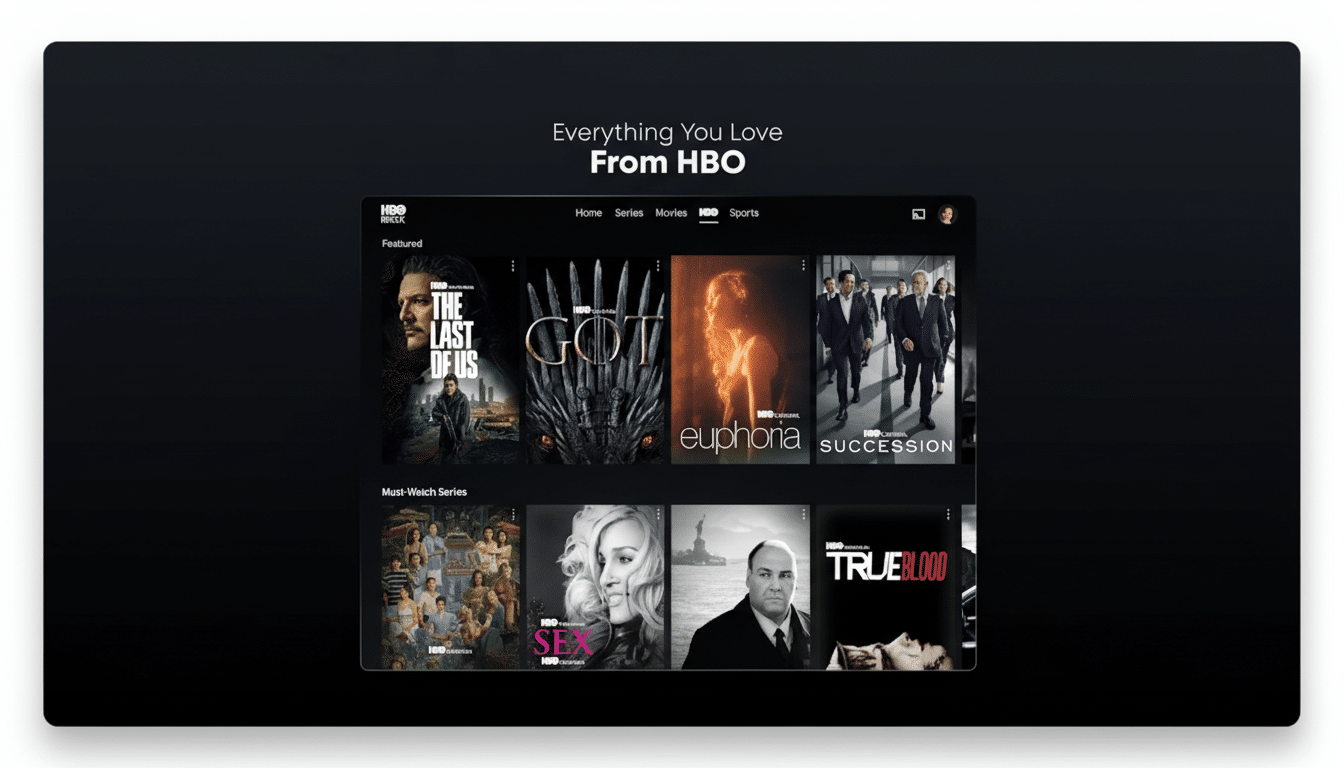 A professionally enhanced image of the HBO Max interface, showcasing various popular series and movies, resized to a 16:9 aspect ratio with a clean, dark background.