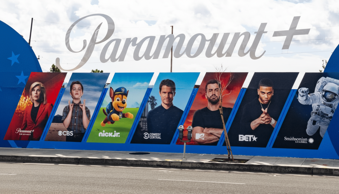 A billboard for Paramount+ featuring various shows and channels, resized to a 16:9 aspect ratio.