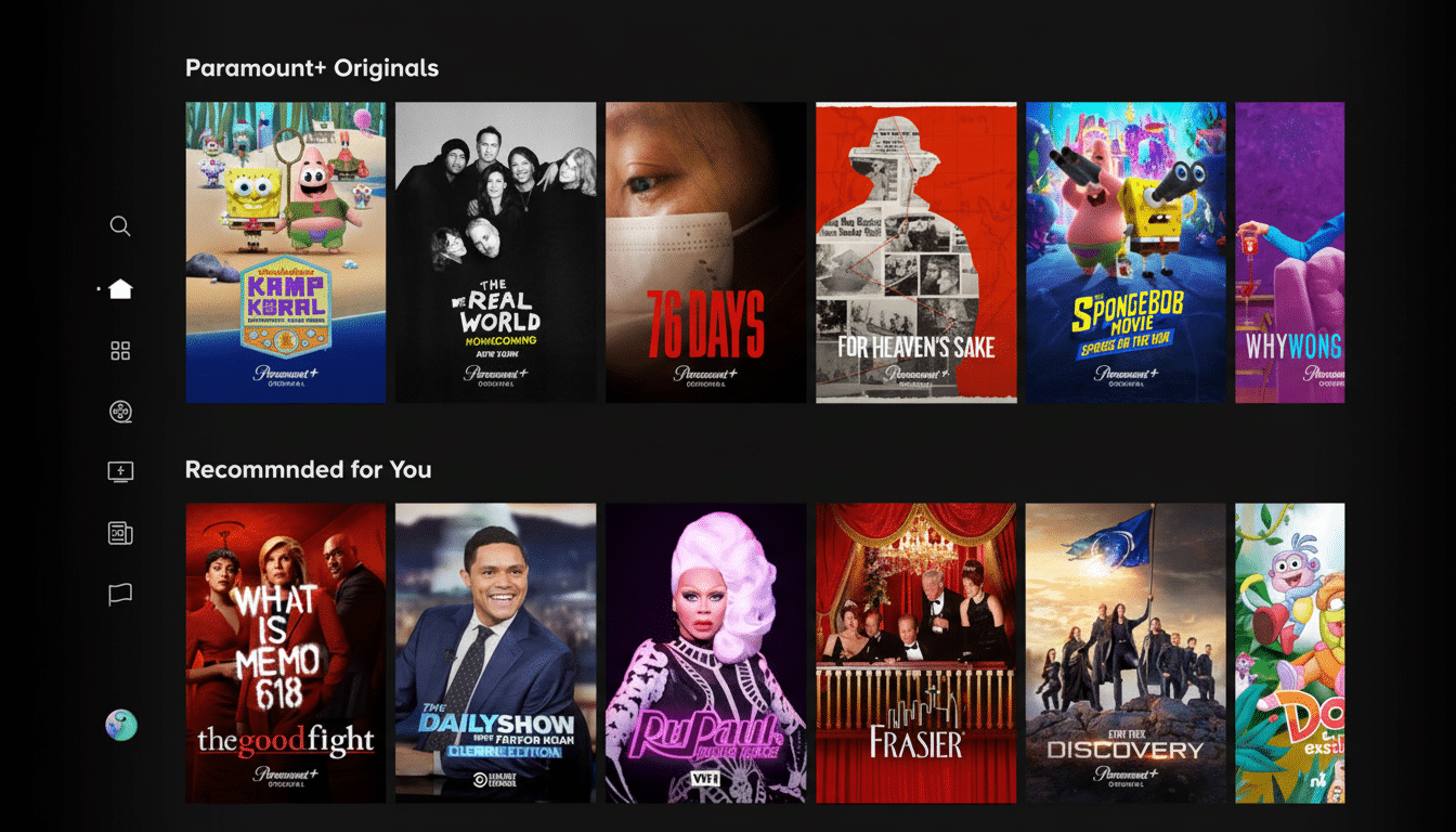 A screenshot of the Paramount+ streaming service interface, displaying rows of original and recommended shows and movies.