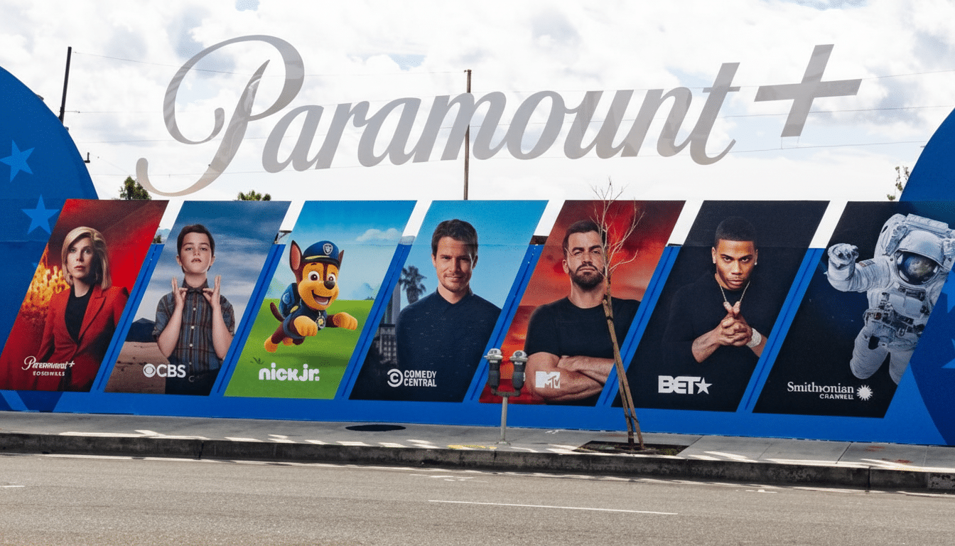 A large billboard for Paramount+ featuring various shows and characters from its streaming services, including images of people and animated characters.