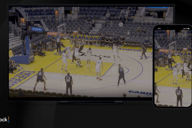 A television displaying a basketball game with a red box around a section of the court, and a smartphone next to it showing the same game.