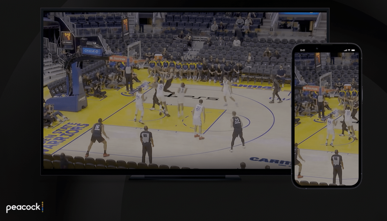 A basketball game is displayed on a television screen and a smartphone, with a red box highlighting a section of the TV screen.