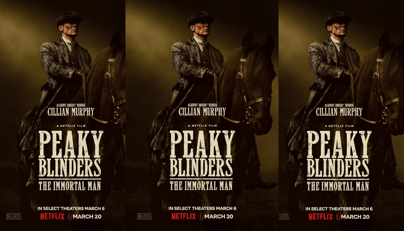 A 16:9 aspect ratio image of the Peaky Blinders: The Immortal Man movie poster, featuring Cillian Murphy on horseback.