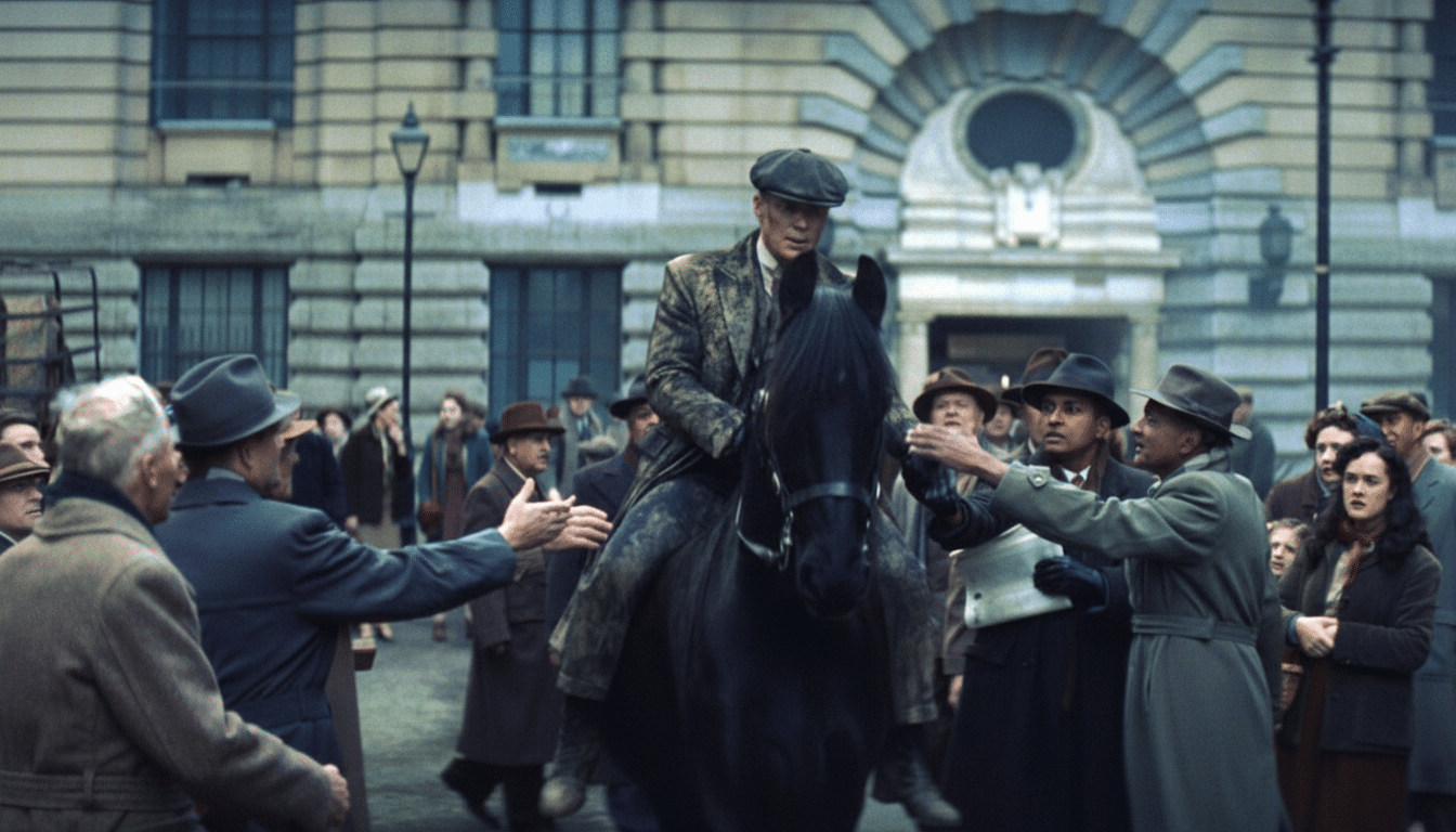 A man on horseback rides through a crowded street, with people reaching out towards him.