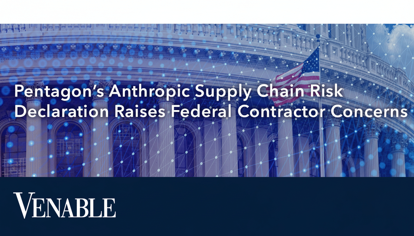 Pentagon emblem with Anthropic AI logo, national security risk alert