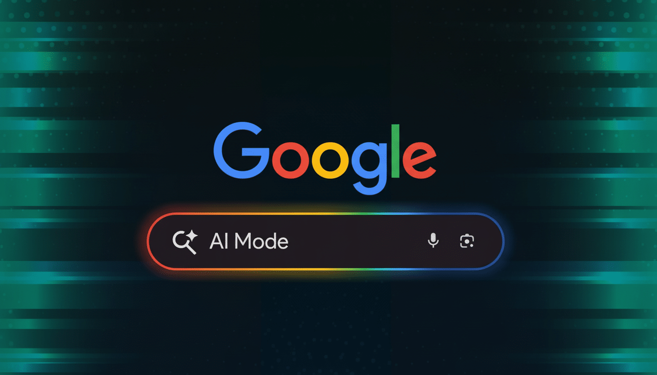 The Google logo above a search bar displaying AI Mode with a magnifying glass icon, a microphone icon, and a camera icon, all set against a dark background with subtle green horizontal lines and dots.