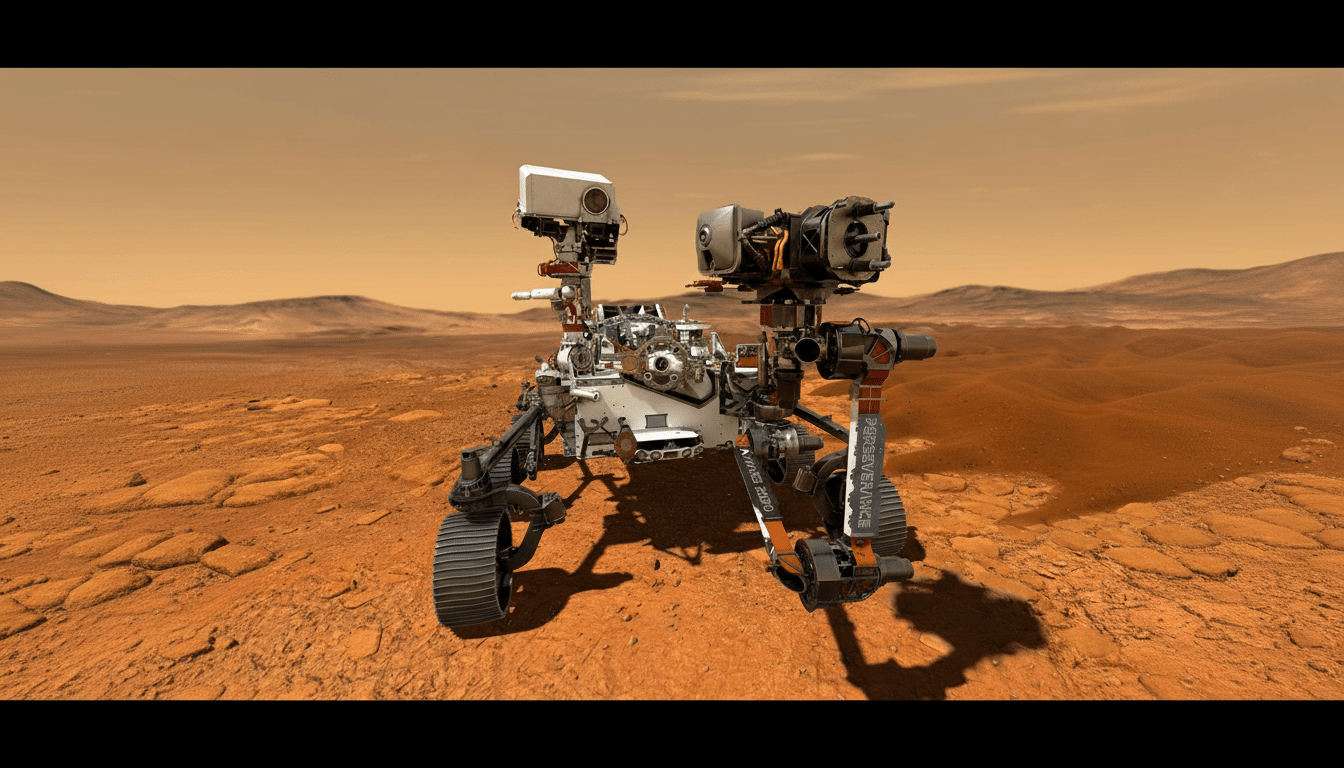 The Perseverance rover on the surface of Mars, resized to a 16:9 aspect ratio.