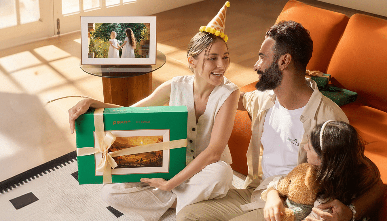 A family celebrating a birthday in a living room.