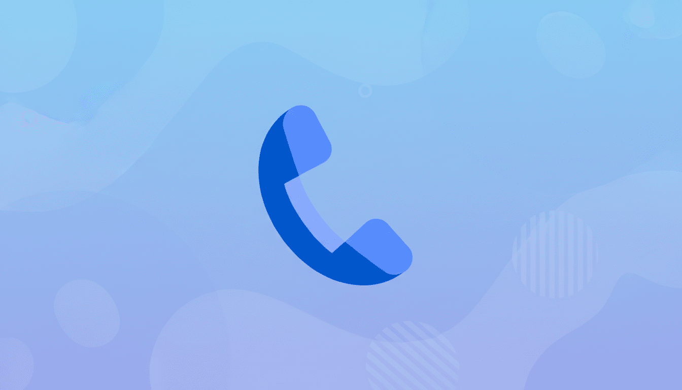 A blue phone receiver icon on a professional flat design background with soft blue and purple gradients and subtle abstract patterns.