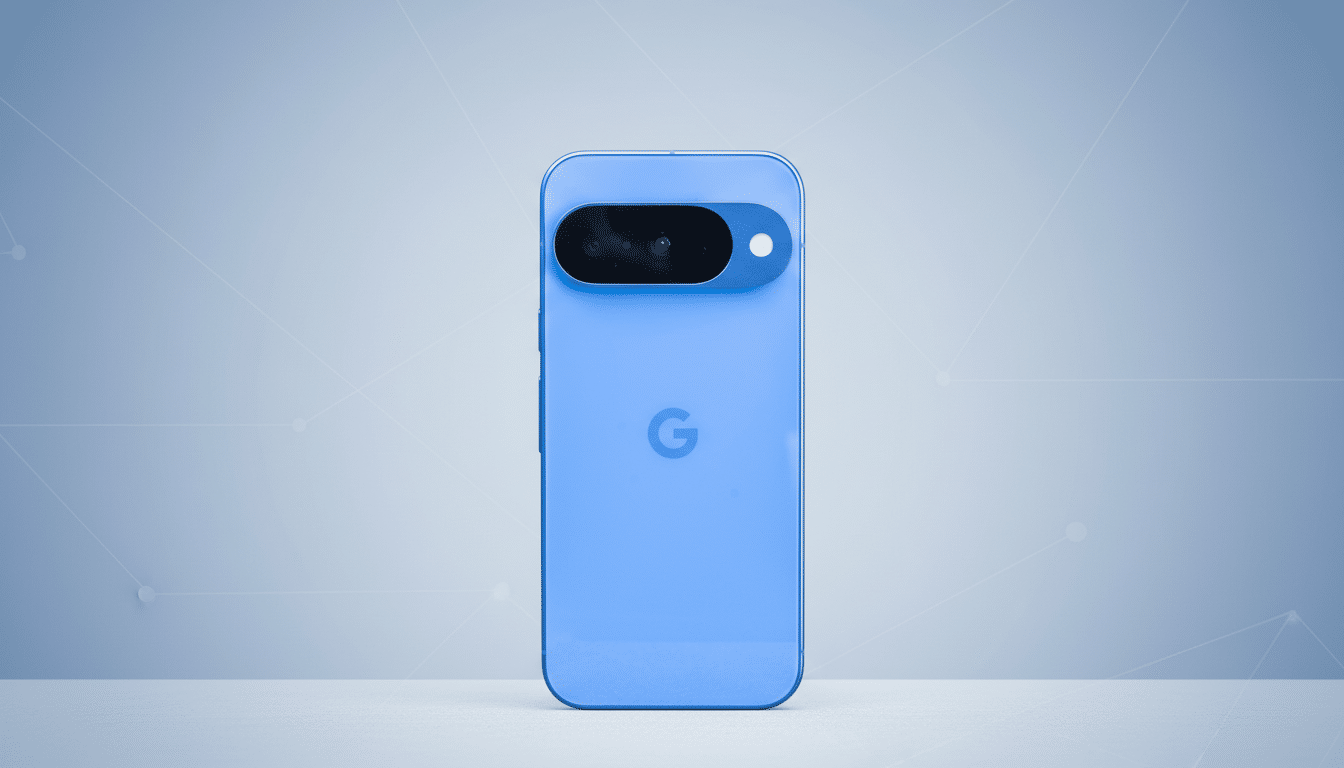 A blue smartphone with a G logo on the back, featuring a black camera bar with multiple lenses, set against a professional light blue background with subtle geometric patterns.