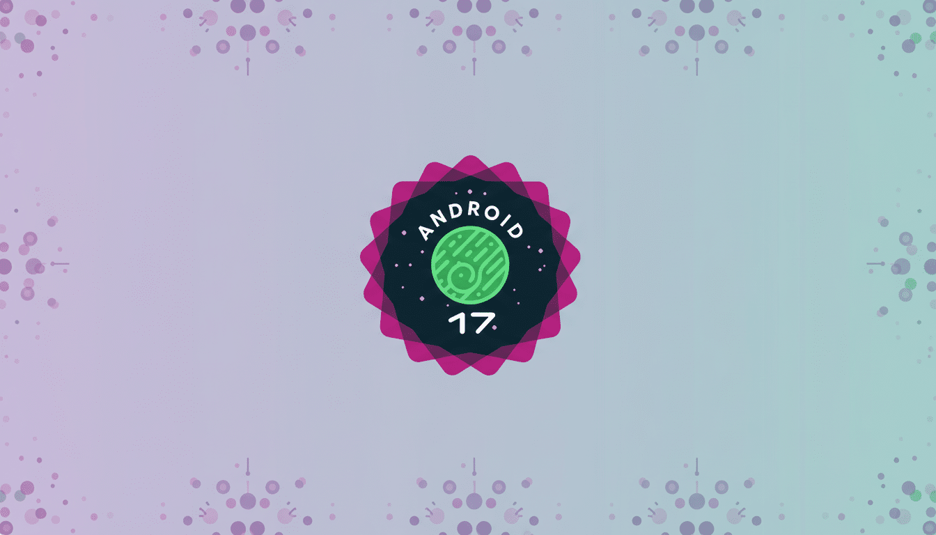 The Android 17 logo, featuring a green circular icon with a circuit pattern, centered within a dark purple and magenta starburst shape, set against a professional flat design background with soft purple and green gradients and subtle geometric patterns.