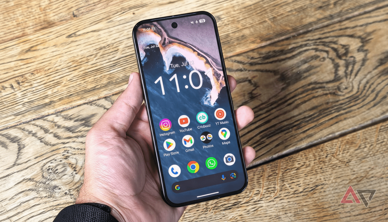 A hand holding a smartphone with a dark wallpaper and various app icons on the screen, set against a wooden table background.