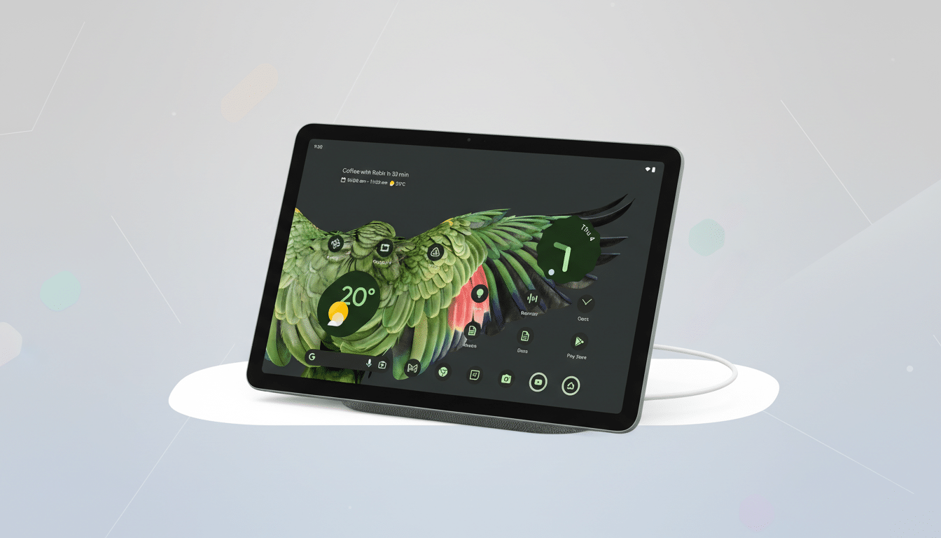 A tablet displaying a home screen with a parrot wing wallpaper, set against a professional flat design background with soft patterns.
