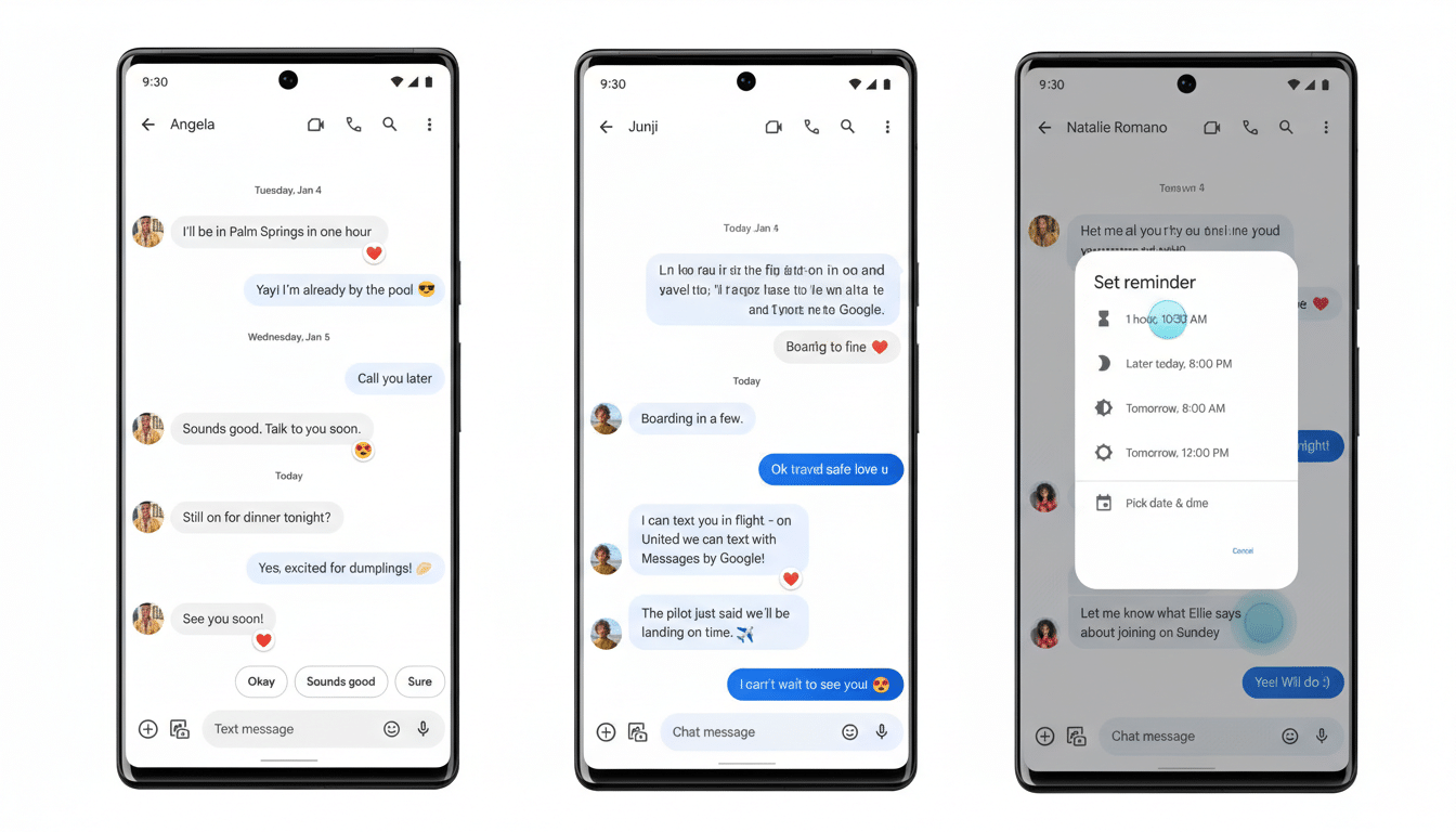 Three smartphone screens displaying messaging app interfaces. The left screen shows a conversation with Angela, the middle with Junji, and the right with Natalie Romano and a Set reminder pop-up.