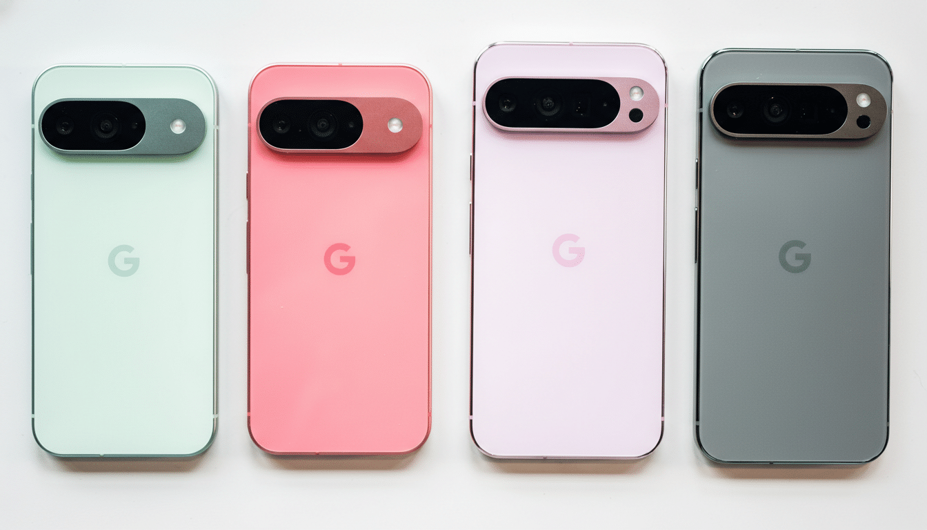Four Google Pixel phones in different colors (green, pink, light purple, and gray) are arranged in a row on a white background.
