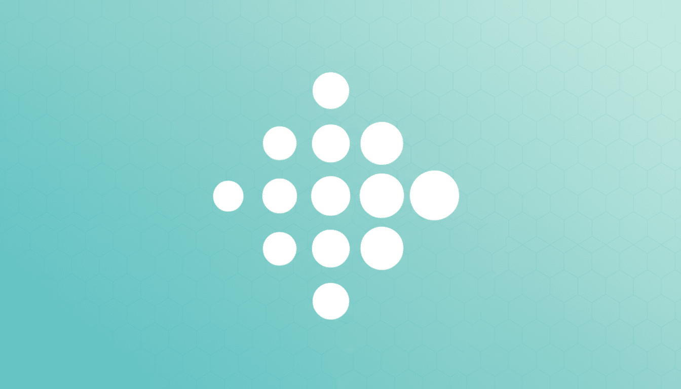 The Fitbit logo, a cluster of white circles forming a stylized f shape, centered on a professional 16:9 aspect ratio background with a subtle teal-to-light-blue gradient and a faint hexagonal pattern.