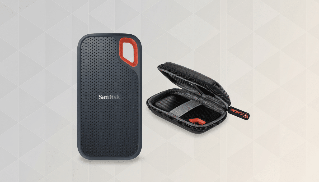 A SanDisk portable SSD and a Slinger carrying case on a professional flat design background with soft patterns.