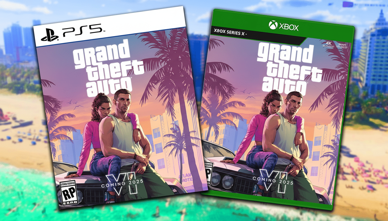 Grand Theft Auto VI game covers for PS5 and Xbox Series X, featuring a man and woman on a car with a beach and city background, resized to a 16:9 aspect ratio.