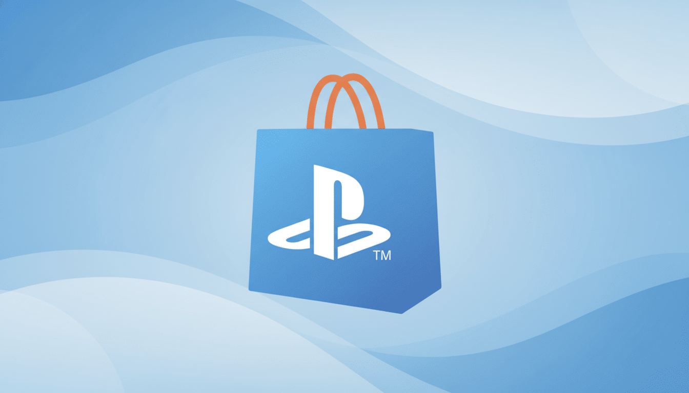 A blue shopping bag with orange handles and the white PlayStation logo on it, set against a light blue background with subtle wave patterns.