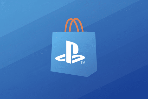 A blue shopping bag with orange handles and the white PlayStation logo on it, set against a professional blue background with subtle diagonal lines.