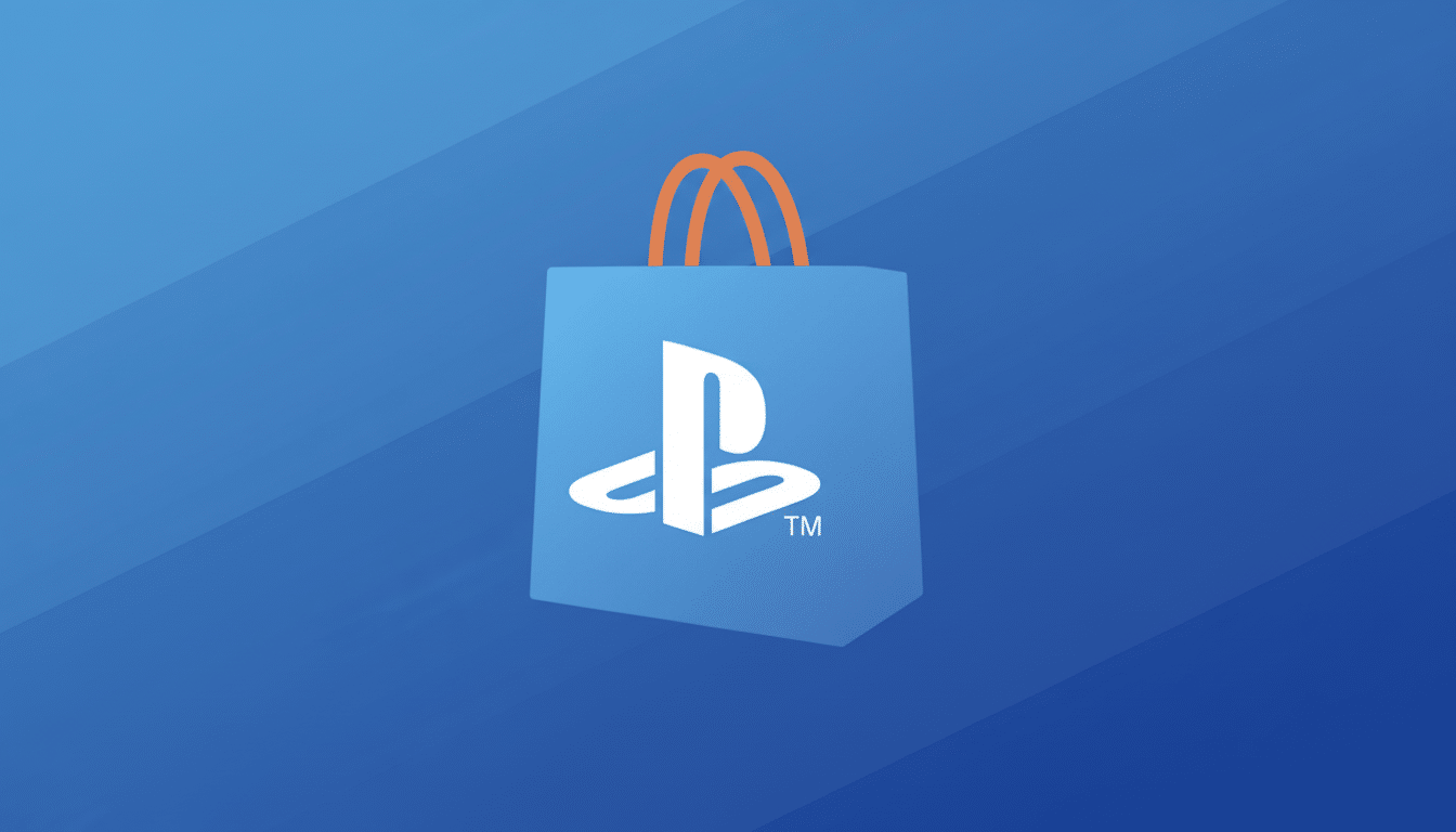 A blue shopping bag with orange handles and the white PlayStation logo on it, set against a professional blue background with subtle diagonal lines.