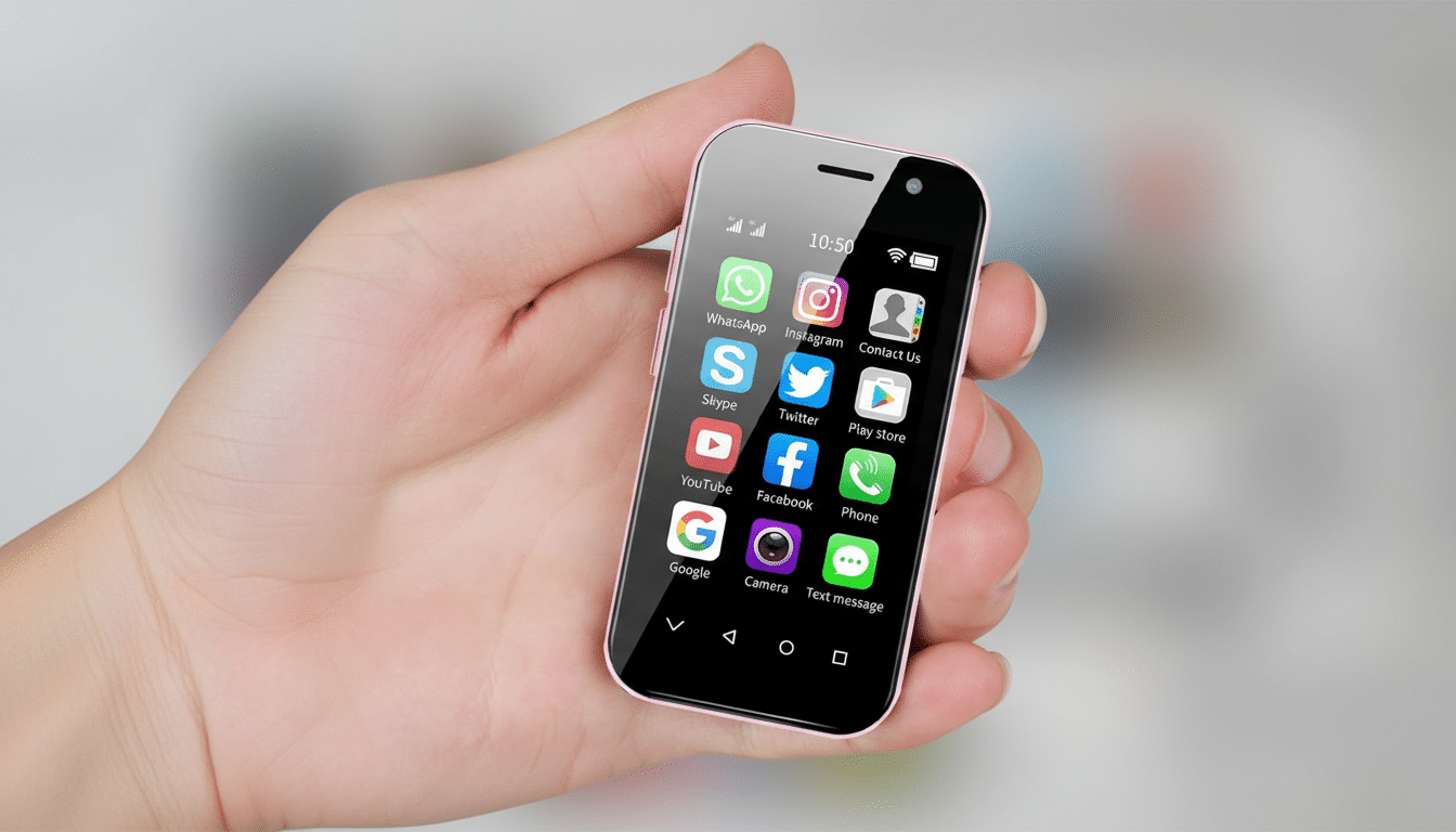 A hand holding a small, pink-backed smartphone displaying various app icons on its screen.