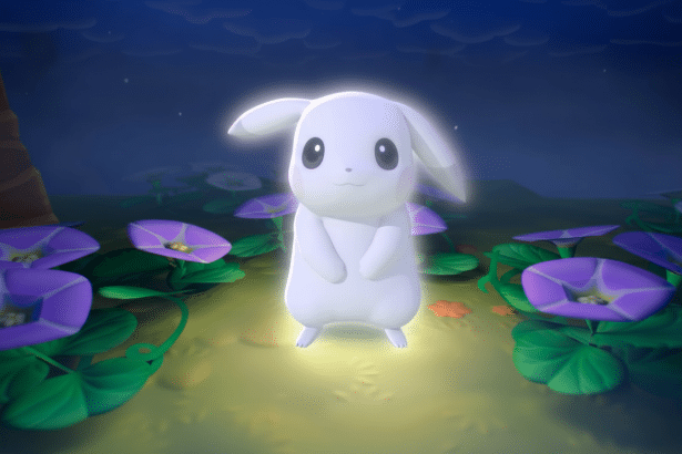 A white, glowing Pikachu-like creature stands in a field of purple flowers at night.