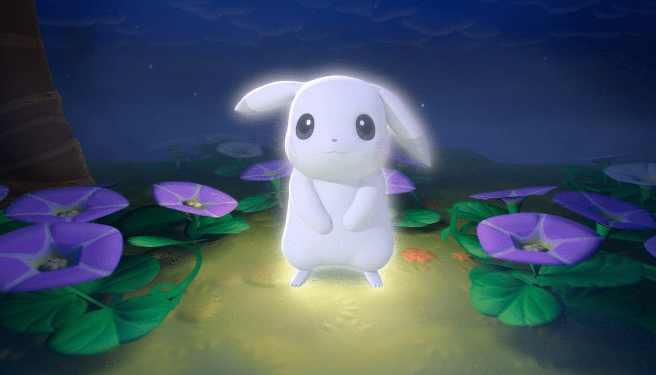 A white, glowing Pikachu-like creature stands in a field of purple flowers at night.
