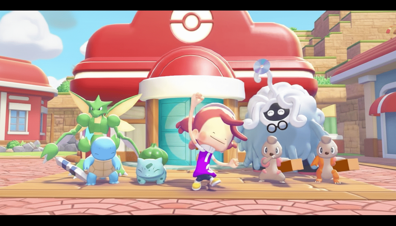 A group of Pokémon characters and a trainer in front of a red building, resized to a 16:9 aspect ratio.