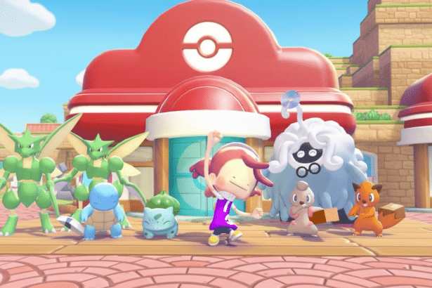 A group of Pok&eacute;mon and a trainer character standing in front of a Pok&eacute;mon Center building.