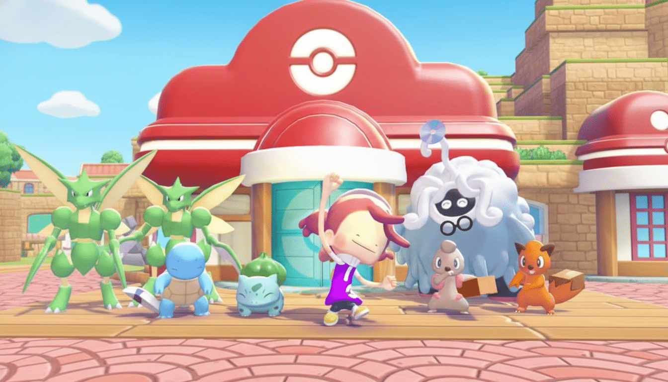 A group of Pokémon and a trainer character standing in front of a Pokémon Center building.
