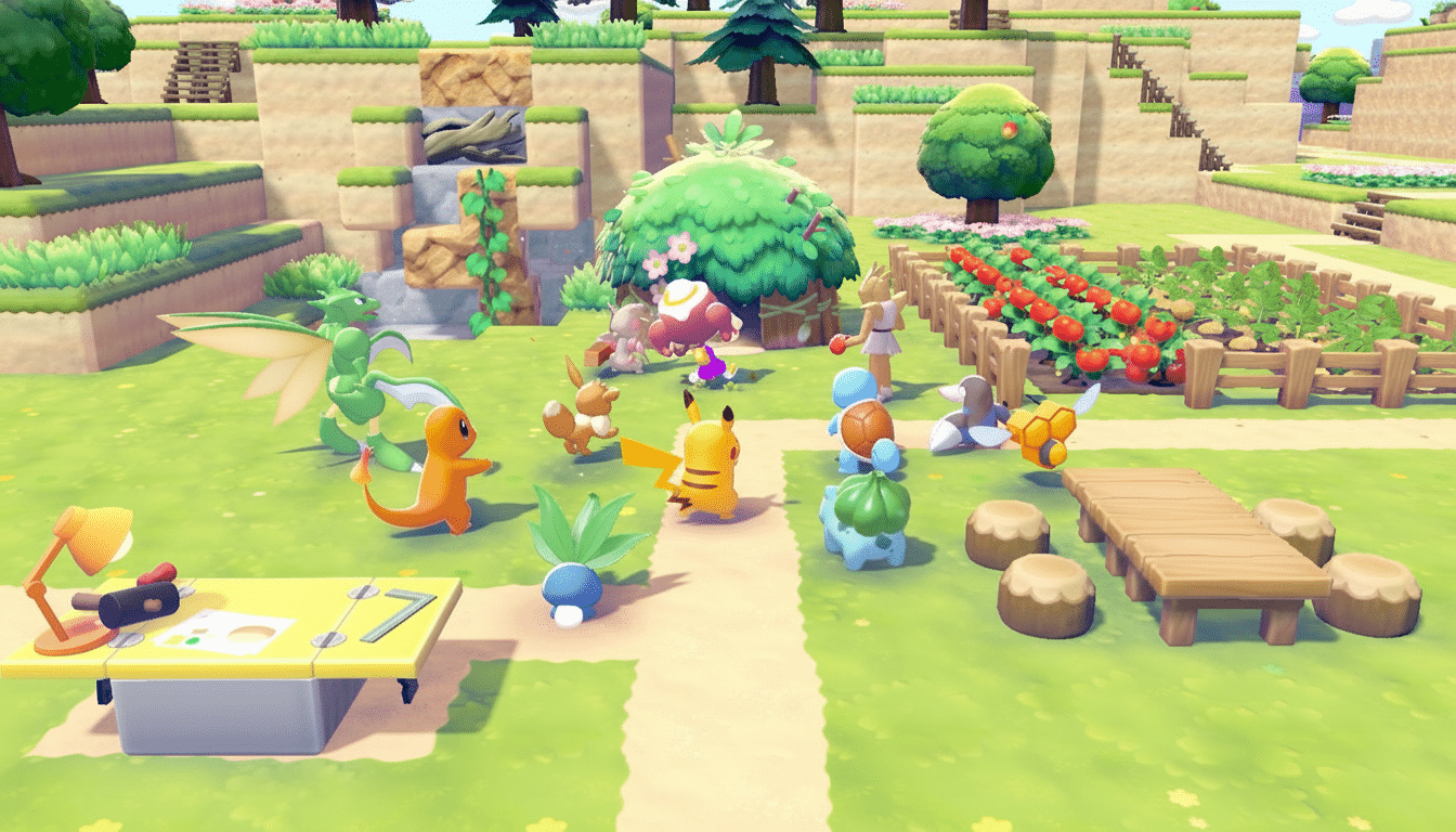 A vibrant, professionally enhanced image of various Pokémon characters in a lush, animated landscape, resized to a 16:9 aspect ratio.