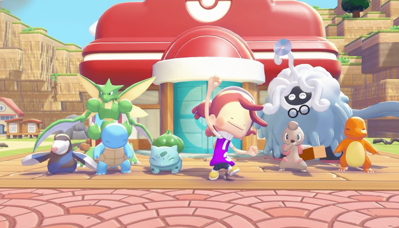 A group of Pokémon and a trainer posing in front of a red building.