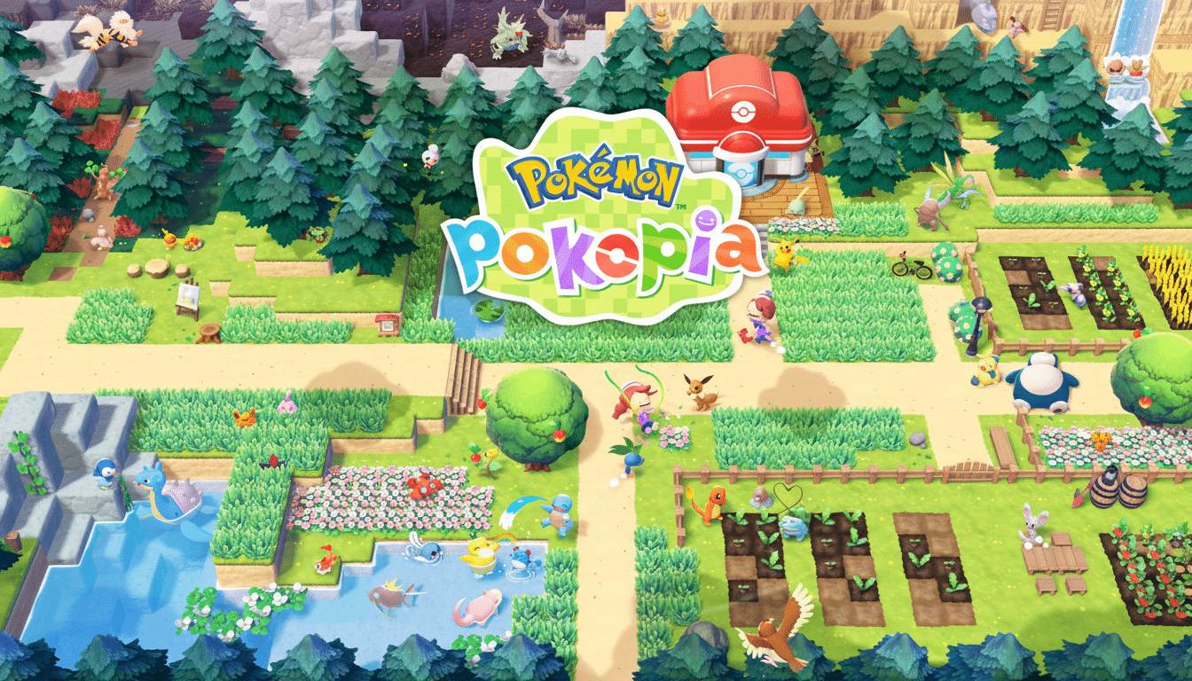 The Pokémon Pokepia logo is centered in a vibrant, animated landscape featuring various Pokémon characters, trees, gardens, and a red-roofed building, all presented in a 16:9 aspect ratio.
