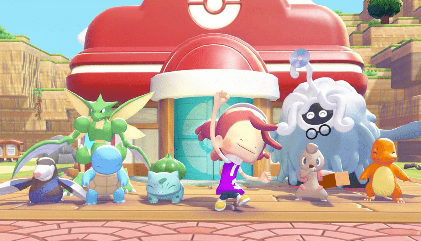 A group of Pokémon and a trainer character standing in front of a red building, resized to a 16:9 aspect ratio.