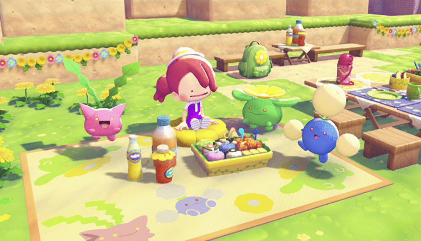 A colorful picnic scene with a cartoon character and several Pokémon-like creatures on a blanket, surrounded by grass and flowers.