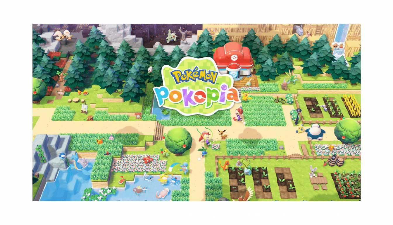 The Pokémon Pokepia logo is centered in a vibrant, animated landscape featuring various Pokémon characters, trees, gardens, and a red building, all set against a professional flat design background with soft patterns.
